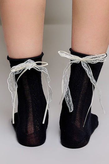 POL Cable Knit Lace Cuff Crew Socks