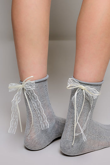 POL Cable Knit Lace Cuff Crew Socks