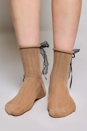 POL Cable Knit Lace Cuff Crew Socks