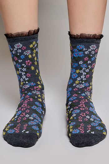 POL Floral Print Ruffle Crew Socks