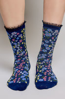 POL Floral Print Ruffle Crew Socks