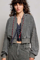 POL Studded Sleeve Washed Thermal Hoodie Top in Moss Green