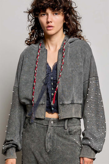 POL Studded Sleeve Washed Thermal Hoodie Top in Moss Green
