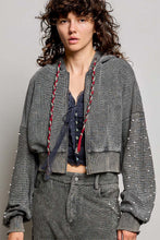 Load image into Gallery viewer, POL Studded Sleeve Washed Thermal Hoodie Top in Moss Green
