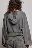 POL Studded Sleeve Washed Thermal Hoodie Top in Moss Green