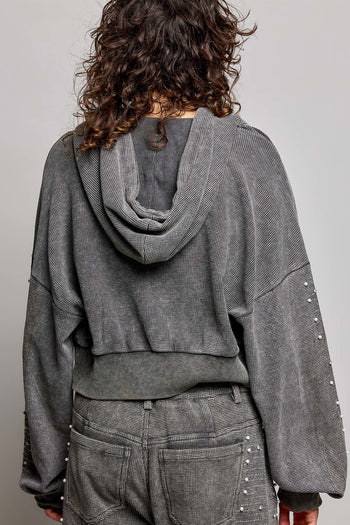 POL Studded Sleeve Washed Thermal Hoodie Top in Moss Green