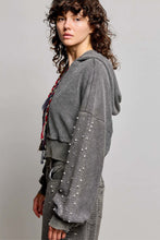 Load image into Gallery viewer, POL Studded Sleeve Washed Thermal Hoodie Top in Moss Green
