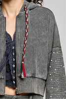 POL Studded Sleeve Washed Thermal Hoodie Top in Moss Green