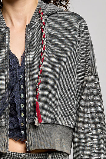 POL Studded Sleeve Washed Thermal Hoodie Top in Moss Green