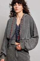 POL Studded Sleeve Washed Thermal Hoodie Top in Moss Green