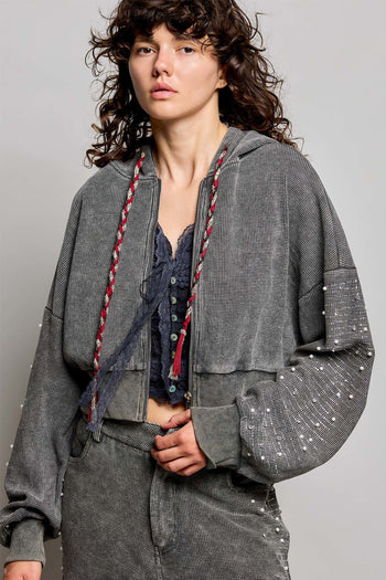 POL Studded Sleeve Washed Thermal Hoodie Top in Moss Green
