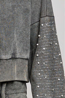 POL Studded Sleeve Washed Thermal Hoodie Top in Moss Green