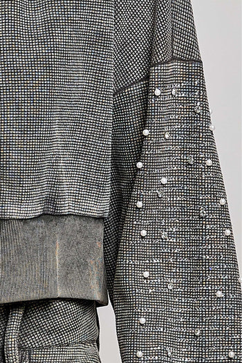 POL Studded Sleeve Washed Thermal Hoodie Top in Moss Green