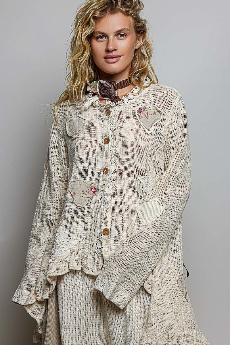 POL Textured Floral Appliqué Cardigan in Wheat – June Adel