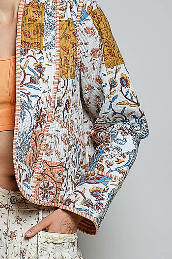 POL Quilted Patchwork Kimono Jacket in Ivory Mutli