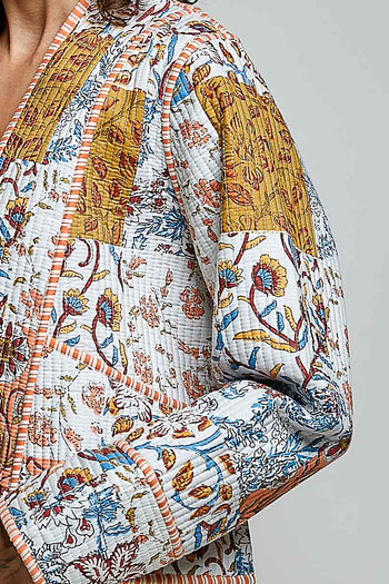 POL Quilted Patchwork Kimono Jacket in Ivory Mutli