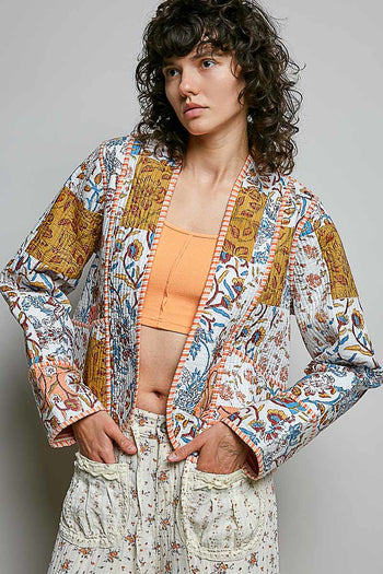 POL Quilted Patchwork Kimono Jacket in Ivory Mutli