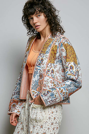 POL Quilted Patchwork Kimono Jacket in Ivory Mutli