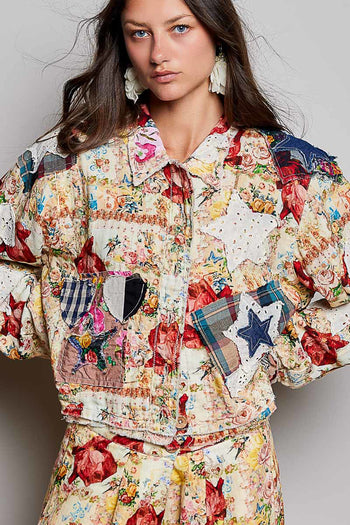 POL Mixed Patchwork Button-Front Jacket in Coral Multi