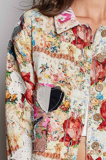 POL Mixed Patchwork Button-Front Jacket in Coral Multi