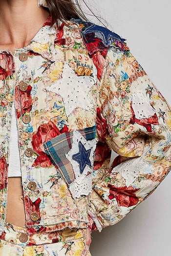 POL Mixed Patchwork Button-Front Jacket in Coral Multi