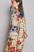 POL Mixed Patchwork Button-Front Jacket in Coral Multi