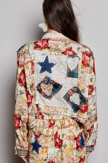 POL Mixed Patchwork Button-Front Jacket in Coral Multi