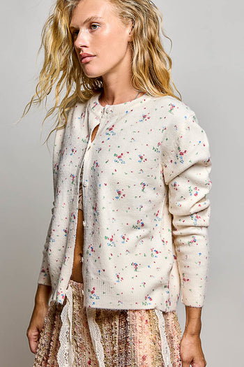 POL Floral Print Button Front Knit Cardigan in Cream