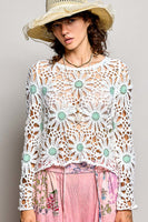 POL Flower Knit Crochet Top in Off White/Mint