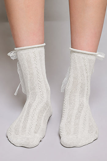 POL Cable Knit Lace Cuff Crew Socks
