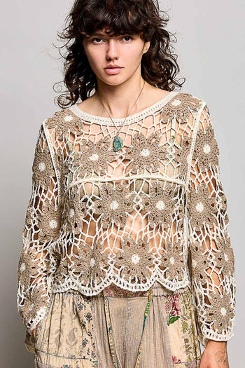 POL Scalloped Floral Crochet Knit Top in Mocha Multi