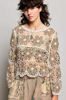 POL Scalloped Floral Crochet Knit Top in Mocha Multi