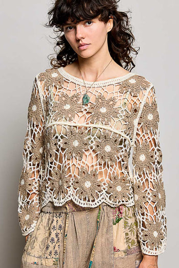 POL Scalloped Floral Crochet Knit Top in Mocha Multi