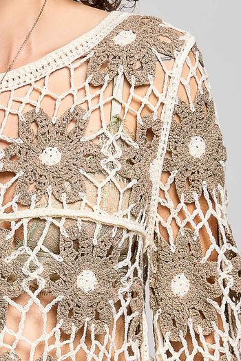 POL Scalloped Floral Crochet Knit Top in Mocha Multi