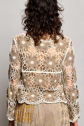POL Scalloped Floral Crochet Knit Top in Mocha Multi