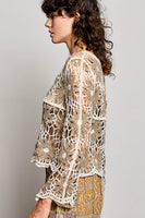 POL Scalloped Floral Crochet Knit Top in Mocha Multi
