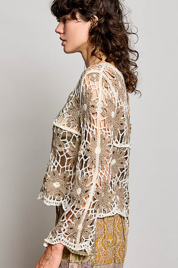 POL Scalloped Floral Crochet Knit Top in Mocha Multi