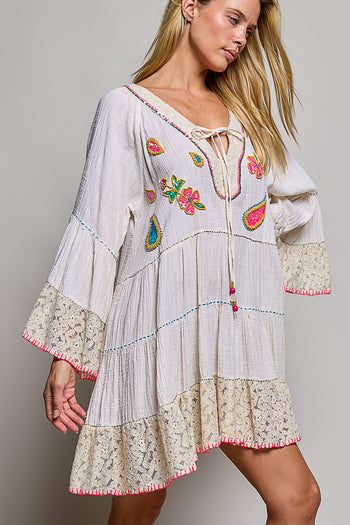POL Linen Embroidered Sequin Dress in Natural Multi