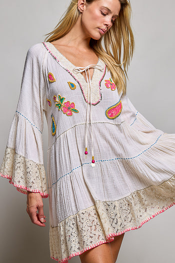 POL Linen Embroidered Sequin Dress in Natural Multi