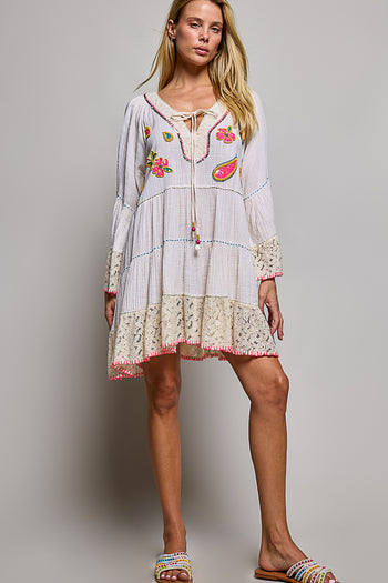 POL Linen Embroidered Sequin Dress in Natural Multi