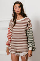 BiBi Multi Color Mixed Striped Top in Mocha/Rust/Olive