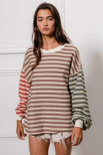 BiBi Multi Color Mixed Striped Top in Mocha/Rust/Olive