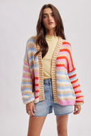 Wishlist Multi Stripe Sweater Cardigan in Red/Sky