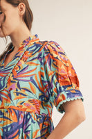 Jodifl Tropical Print Midi Dress with Scalloped Trim Detail in Aqua Blue