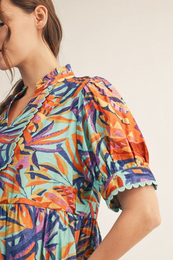 Jodifl Tropical Print Midi Dress with Scalloped Trim Detail in Aqua Blue