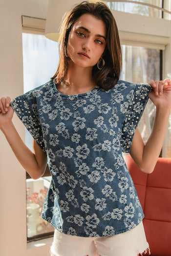 BiBi Textured Floral Top with Pearl Embellished Sleeve Cuffs in Denim