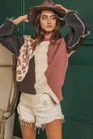 BiBi Mixed Pattern Sweater with Denim Sleeves in Black/Dark Rose Multi