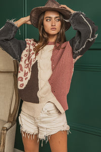 BiBi Mixed Pattern Sweater with Denim Sleeves in Black/Dark Rose Multi ON ORDER