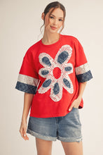Load image into Gallery viewer, Jodifl Flower Patch Detail Mixed Fabric Top in Red
