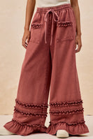 BiBi Washed Denim Wide Leg Pants with Ruffles in Washed Burgundy